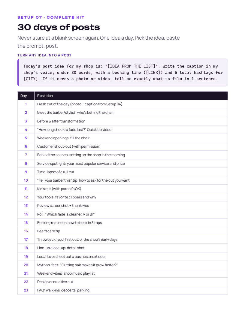 A page from the Barbershop & Salon kit: 30 days of posts