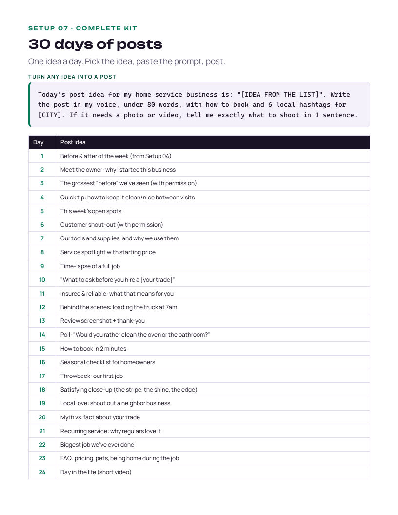 A page from the Home Service Pro kit: 30 days of posts