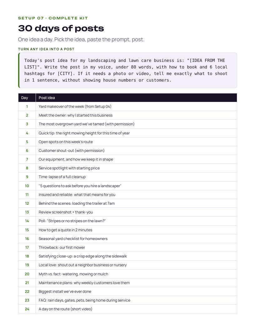A page from the Landscaping & Lawn Care kit: 30 days of posts