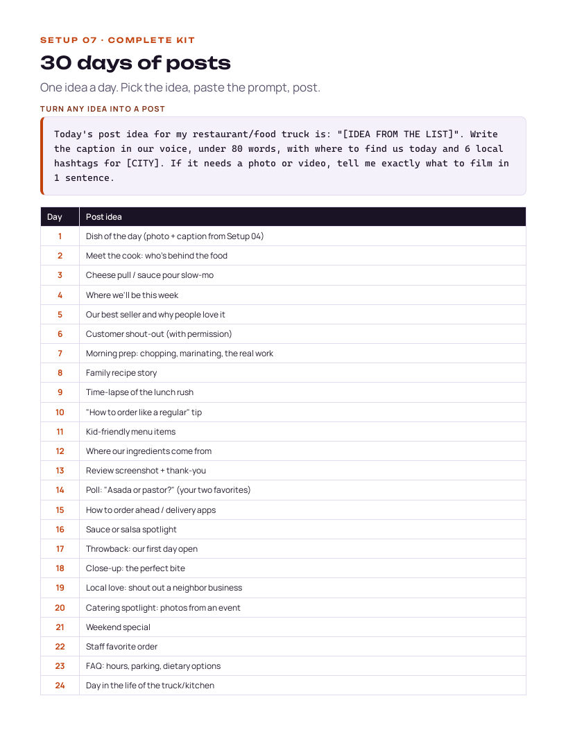 A page from the Restaurant & Food Truck kit: 30 days of posts